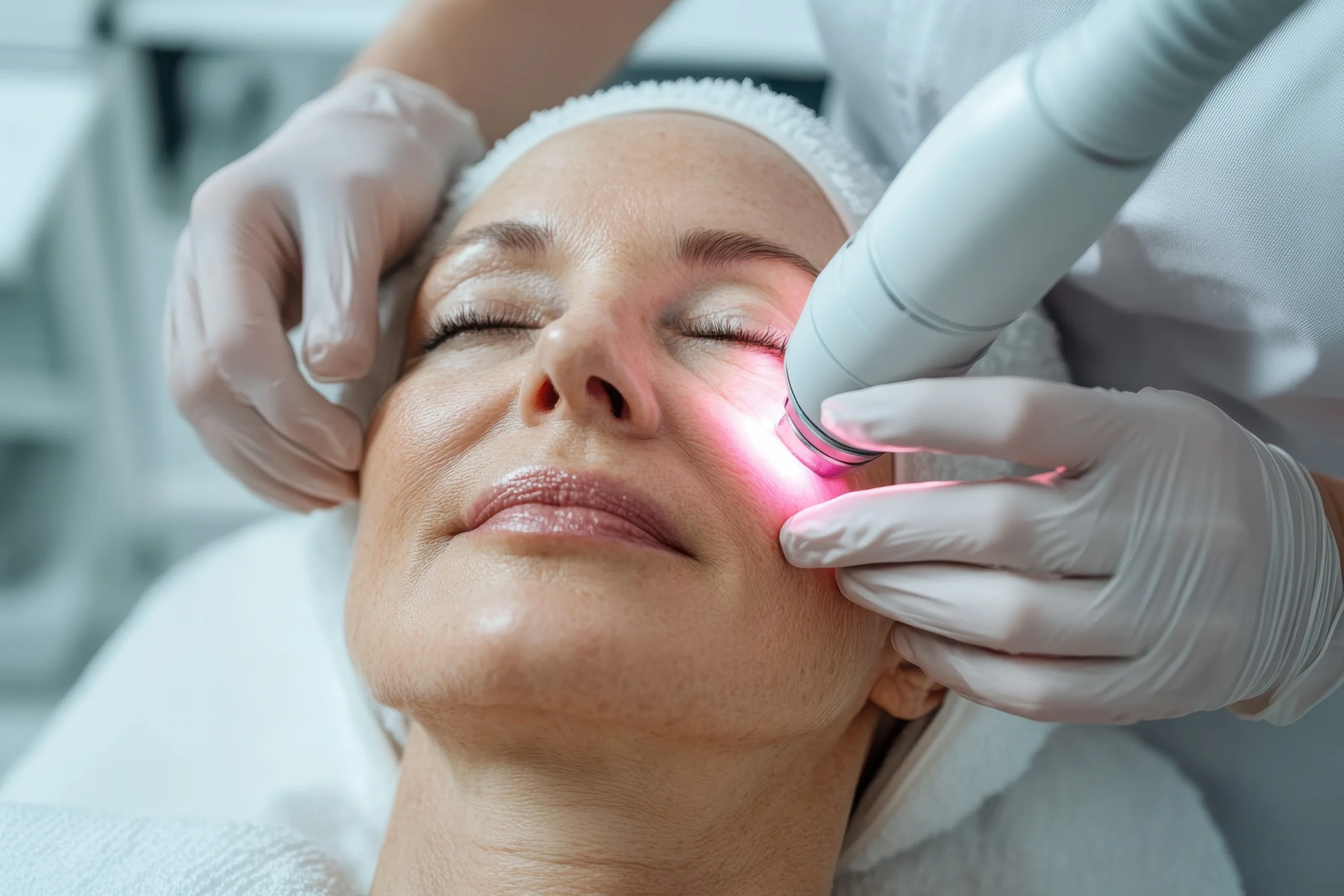 Laser skin treatment on woman's face at Aesthetic Lab Med Spa in Modesto, Turlock, and Stockton, CA
