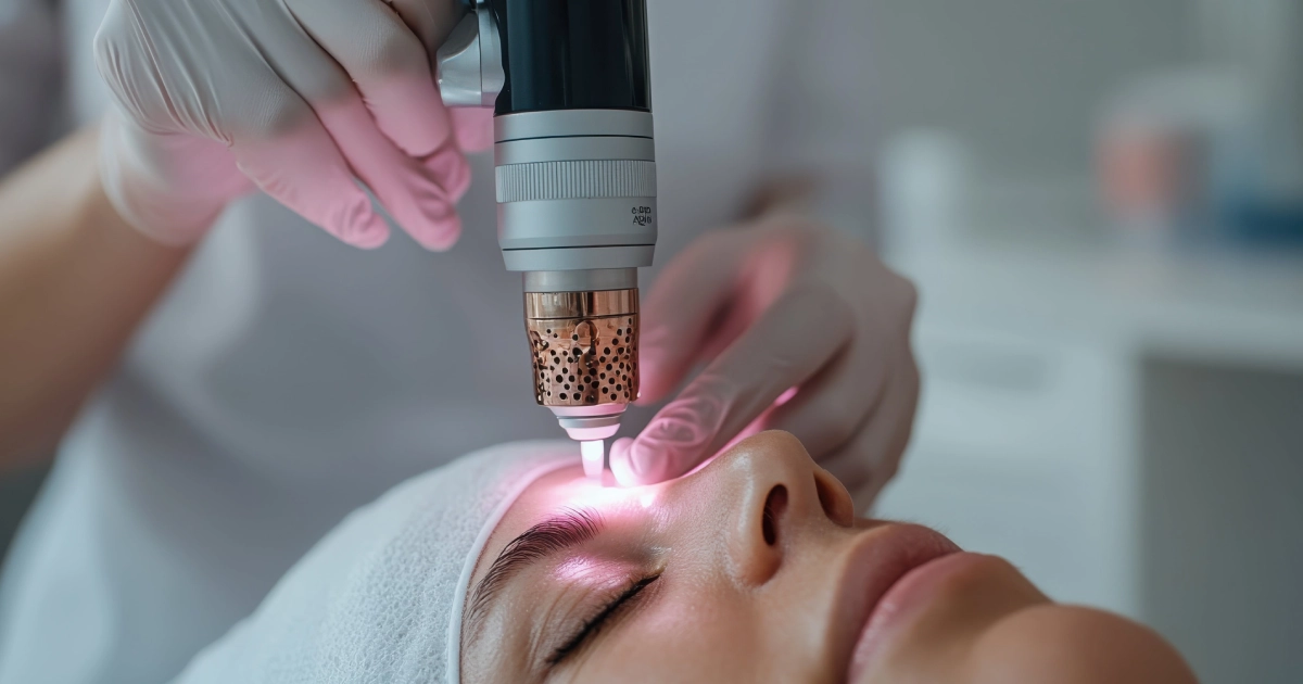 Close-up of a woman receiving Laser Hair Removal in Modesto, CA on her forehead from a clinician using a copper-tipped device emitting pink light.