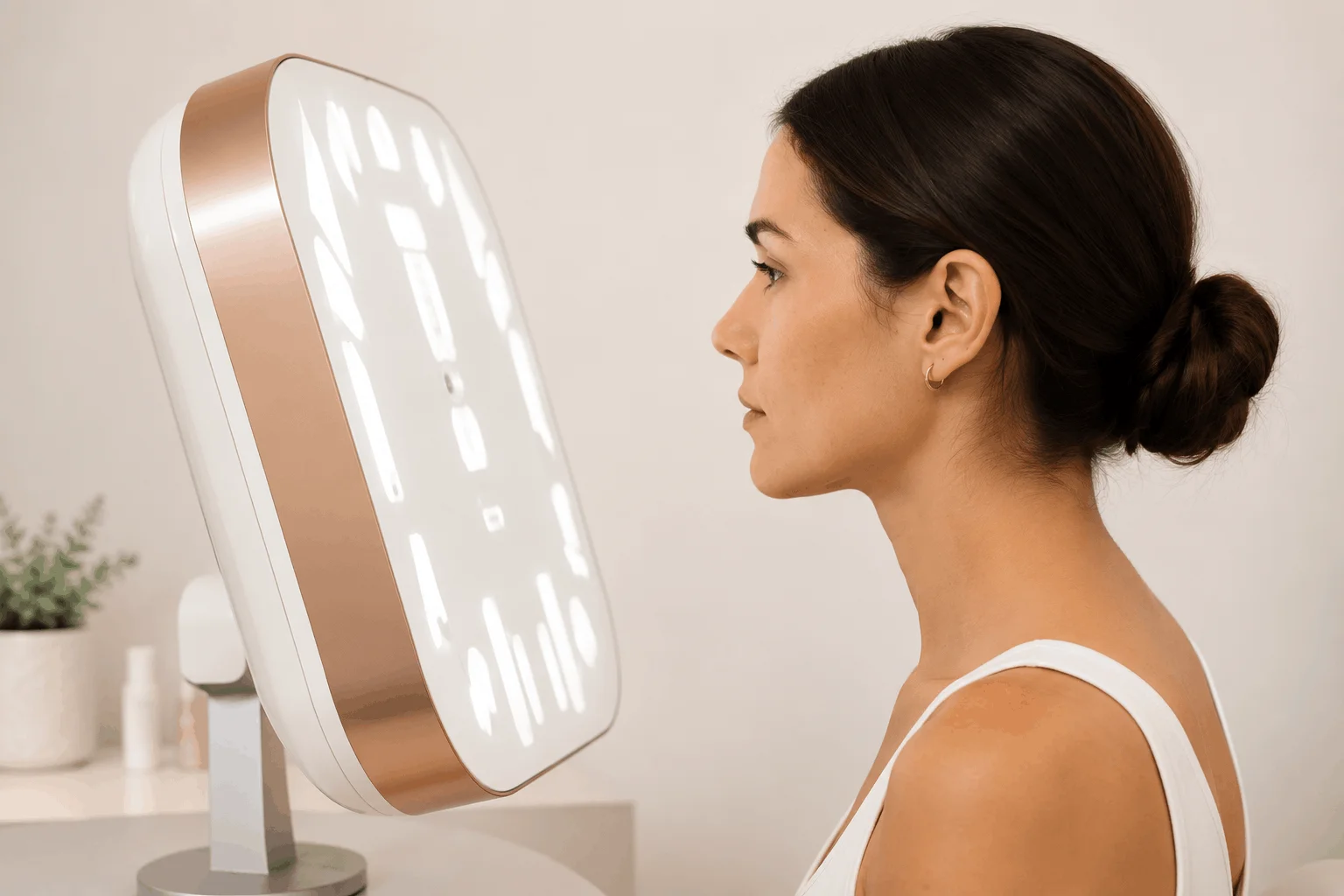 Woman receiving an Aura Skin Assessment using advanced skin imaging in Modesto CA