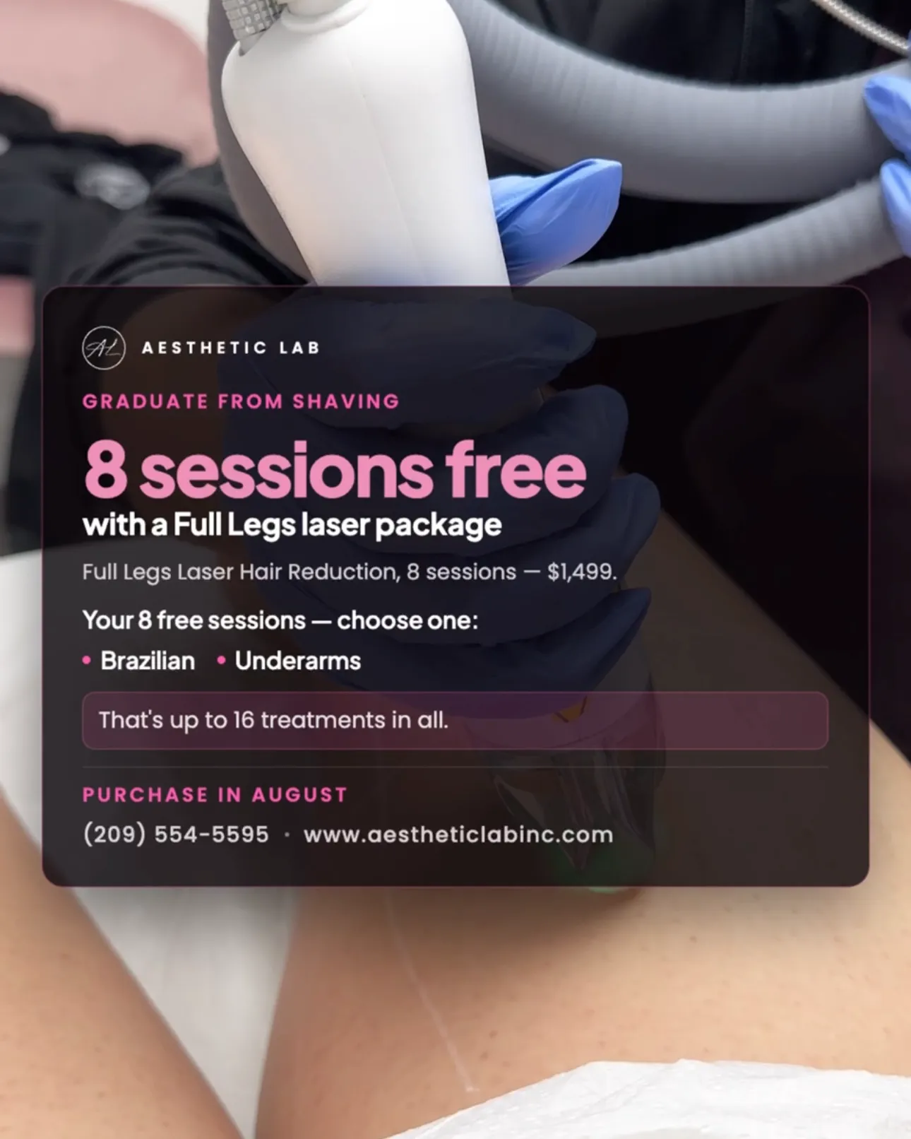 Pop-up advertisement highlighting 8 free sessions included with a laser hair removal package in Modesto, CA.