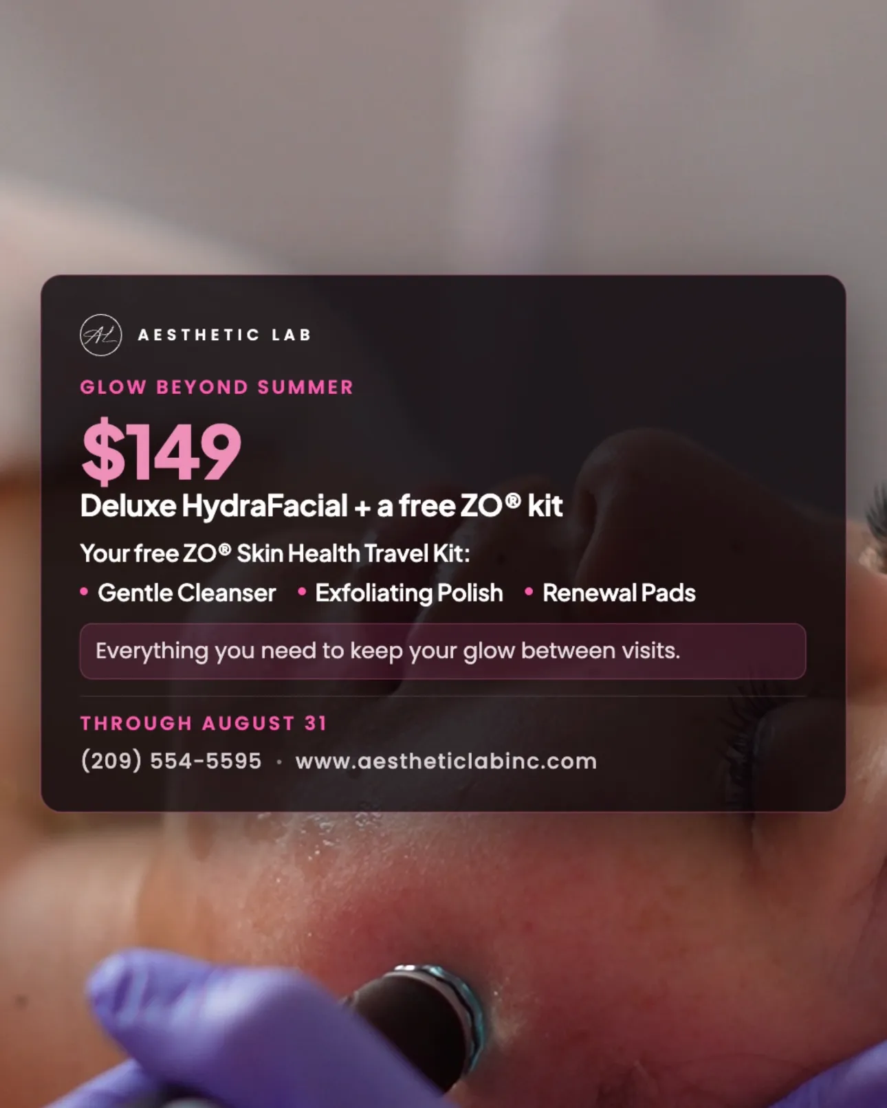 Special offer pop-up banner advertising a $149 facial treatment package at Aesthetic Lab in Modesto, CA.