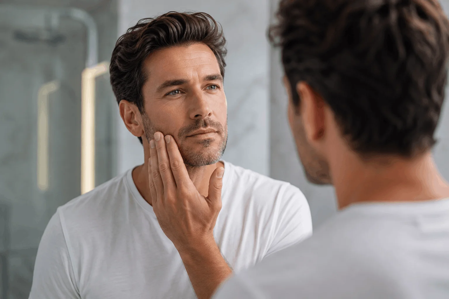 Man examining his skin in a mirror while considering preventative aesthetic treatments in Modesto, CA, including Botox and professional skincare for a refreshed, natural-looking appearance.