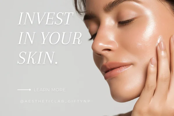 Close-up of a woman with radiant skin gently touching her cheek after a hydrating facial in Modesto, CA.