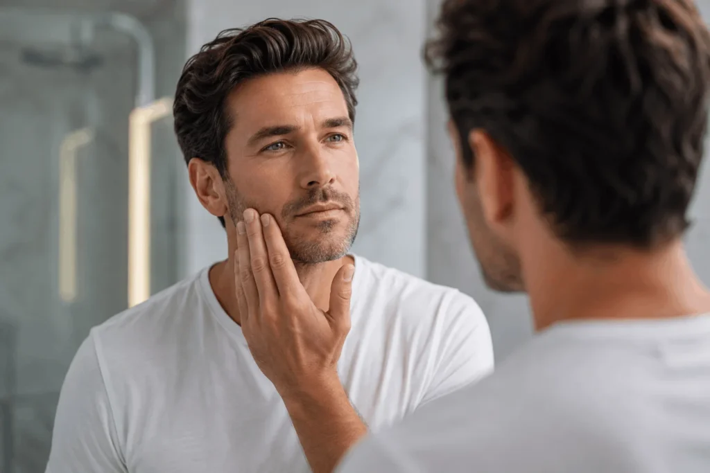 Man examining his skin in a mirror while considering preventative aesthetic treatments in Modesto, CA, including Botox and professional skincare for a refreshed, natural-looking appearance.