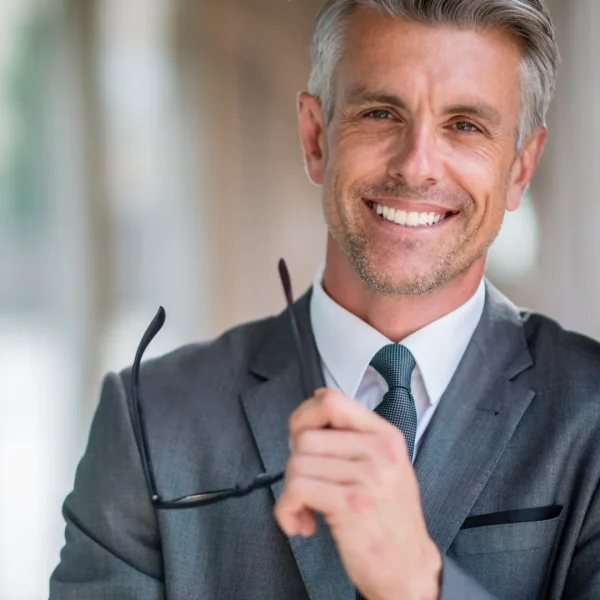 Headshot portrait of a smiling male aesthetic clinician in a suit and tie in Modesto, CA.