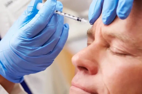 Practitioner wearing blue gloves performing a careful cosmetic facial treatment on a patient in Modesto, CA.