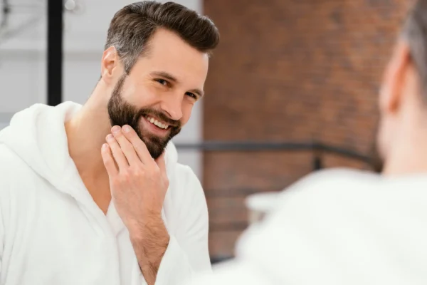 Smiling man touching his clean, rejuvenated facial skin after a custom men's facial treatment in Modesto, CA.